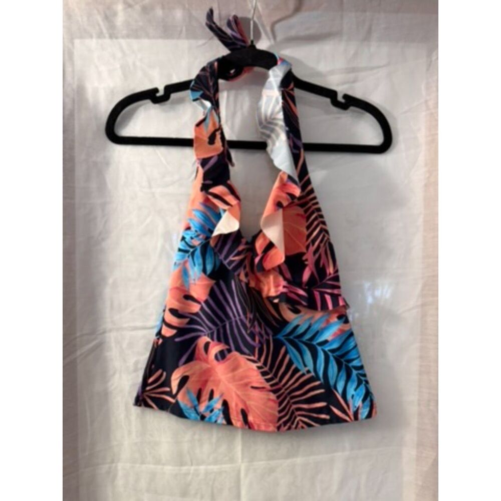 Black Coral Blue Tropical Leaf Print Halter Top Vacation Style